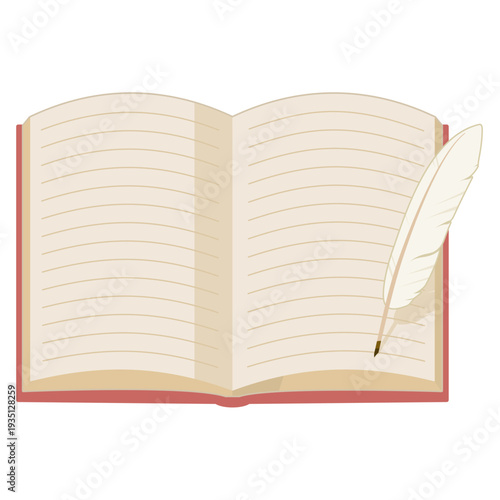 正面から見た、シンプルな赤い表紙の開いた本と羽ペンのイラスト カラー 線なし