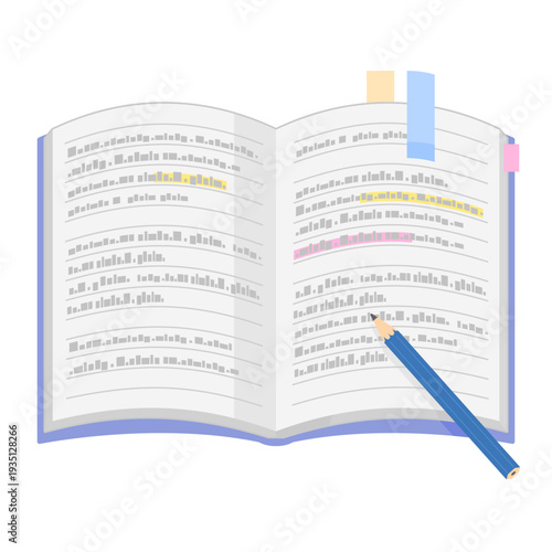ハイライトされた文字が書かれた開かれたノートのイラスト