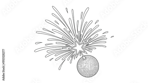 Line art drawing of a disco ball or a bomb with a star-shaped fuse sparking and exploding with decorative light rays.