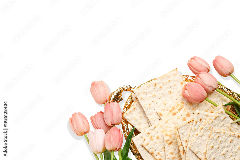 Naklejka premium Passover features matzah and pink tulips on a tray, isolated, PNG