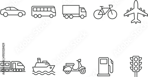 A collection of simple line icons representing various modes of transportation and travel symbols
