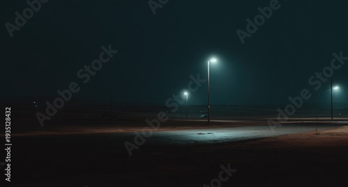 Empty, desolate paved area at night, lit by street lamps. Foggy, muted tones