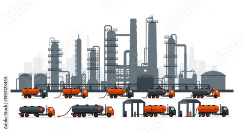 Oil Refinery Industrial Complex with Trucks.