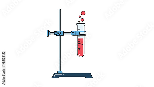 Chemical test tube filled with red liquid and bubbles held by a clamp on a laboratory stand for scientific research experiments.