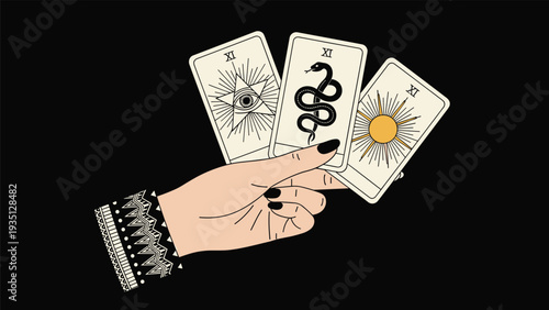 Hand with black nail polish holding three tarot cards featuring occult symbols like a snake sun and star against black background.