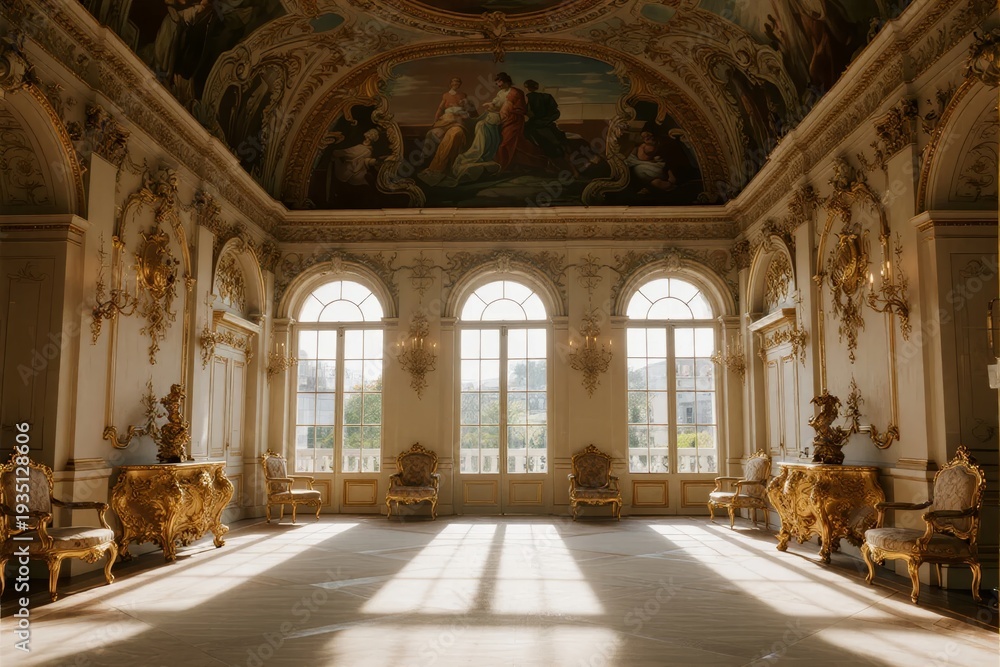 Fototapeta premium Grand ornate ballroom with arched windows, golden furniture, and ceiling fresco