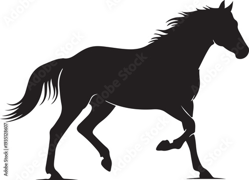 Black silhouette of a horse running dynamically on a white background, minimal outline