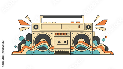 Retro boombox radio illustration with colorful wavy patterns and abstract shapes coming out from the speakers in a vintage style.