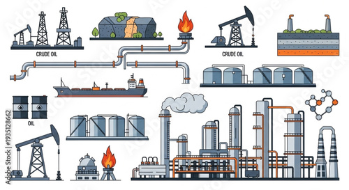 Oil Refinery Industrial Equipment Icons.