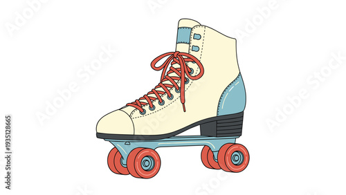 Classic quad roller skate with a cream colored boot blue accents and red wheels and laces in a vintage style.