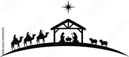 Black Silhouette of a Christmas Nativity Scene Featuring the Holy Family Three Wise Men on Camels and Star of Bethlehem