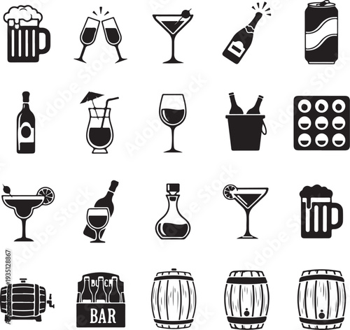 Alcoholic drinks icons vector set. Alcohol illustration symbol collection. Glass, bottle, barrel sign or logo.