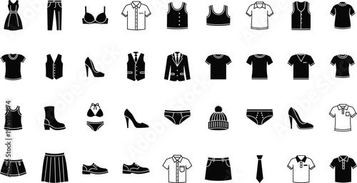 Comprehensive Collection of Fashion Apparel Icons Vector Set Featuring Clothing Shoes Accessories and Underwear Elements in Minimalist Black and White Style