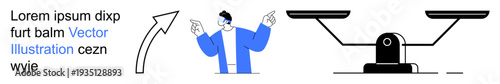Decision making, justice, business strategy, fairness, analysis, balance. A person gestures toward an arrow alongside black scales. Decision making and justice concepts