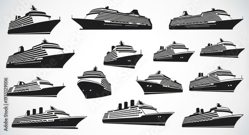 Collection of various cruise ships in black and white, side views.