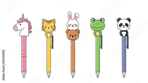Collection of five colorful pens featuring cute animal heads as toppers including a unicorn cat bunny bear frog and panda.