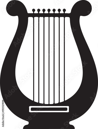 Black silhouette of a lyre harp instrument on a white background, minimal outline.