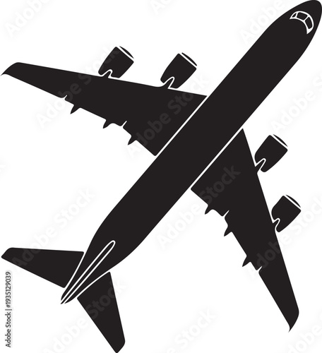 Airplane icon, black isolated on white background, vector illustration.