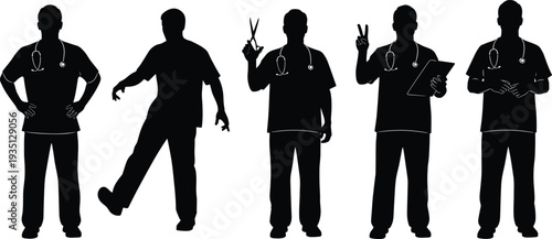 Medical Professional Silhouettes Set Featuring Doctors and Nurses in Scrubs with Stethoscopes Clipboard and Scissors for Healthcare Industry Vector Design