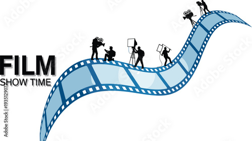 Film strip crew silhouette illustration, movie production artwork design, cinema teamwork graphic, filmmaking symbol drawing, showtime text artwork, black white