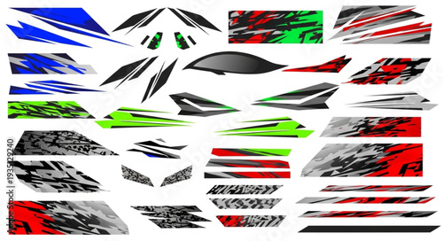 Collection of various motorcycle decals with abstract and dynamic designs for customization.