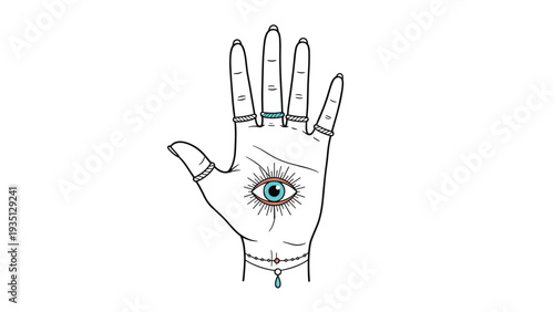 Hand illustration featuring a central eye on the palm and numerous rings on the fingers in a mystical and esoteric style.