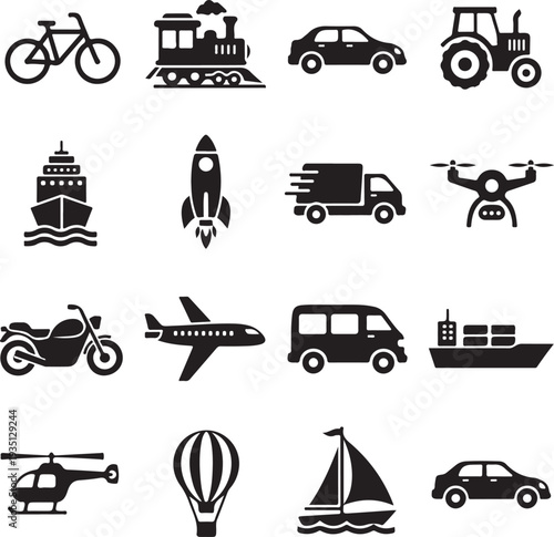 Air, water and land transportation icon set