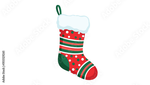 Festive christmas stocking with red and green stripes and white polka dots on a white background for holiday decoration.