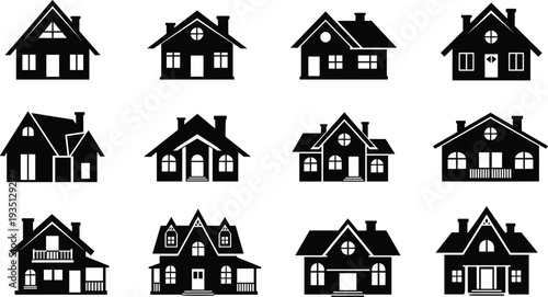 Set of black house silhouettes and residential building icons with different architectural styles isolated on white background for real estate.
