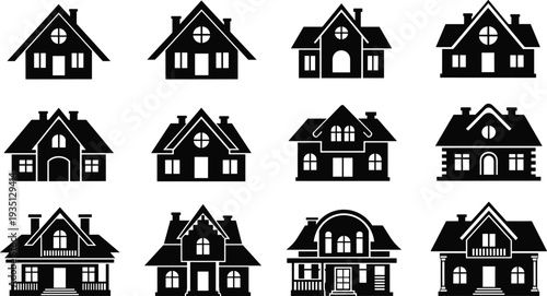 Set of black house icons and cottage silhouettes with various architectural styles roofs windows and chimneys isolated on white background
