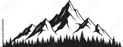 Black silhouette of a mountain landscape with trees on a white background, minimal outline.
