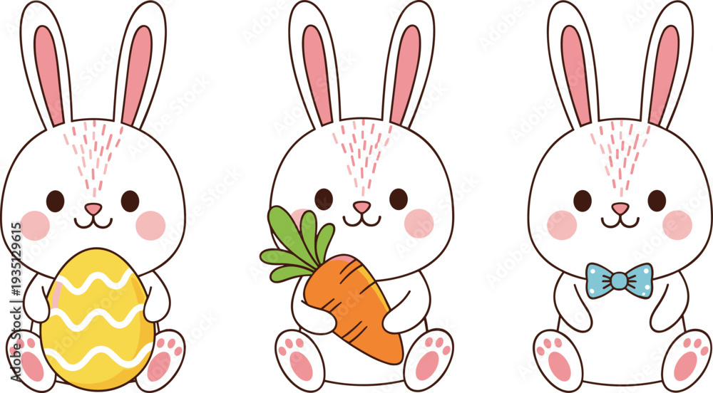 Fototapeta premium Cute Easter bunny characters holding egg and carrot with bow tie, adorable rabbit cartoon mascots for spring holiday greeting cards vector set