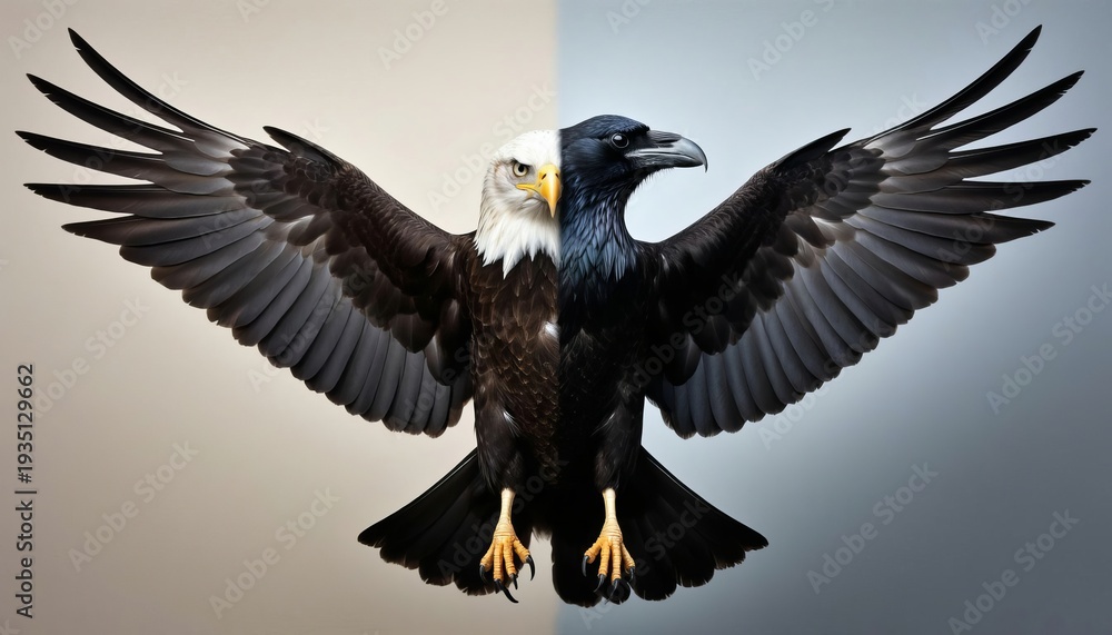 Fototapeta premium A detailed image features a split view of a bald eagle and a raven. The eagle showcases its white head while the raven displays its glossy black feathers.