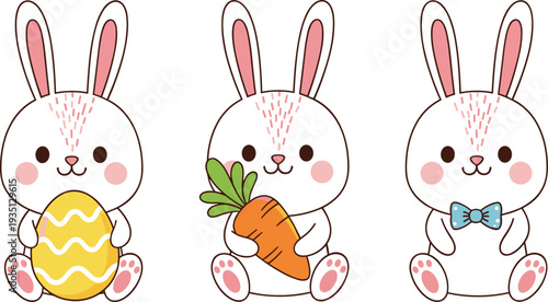 Cute Easter bunny characters holding egg and carrot with bow tie, adorable rabbit cartoon mascots for spring holiday greeting cards vector set