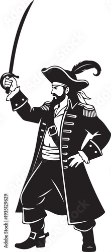 Black silhouette of a pirate captain holding saber on a white background, minimal outline