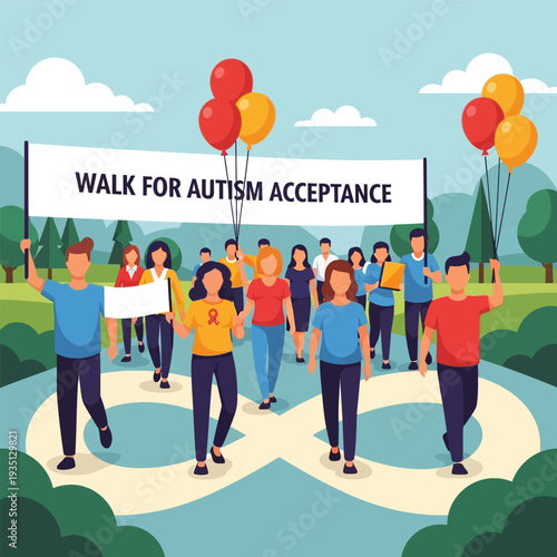 Group Walking for Autism Acceptance with Red and Yellow Balloons