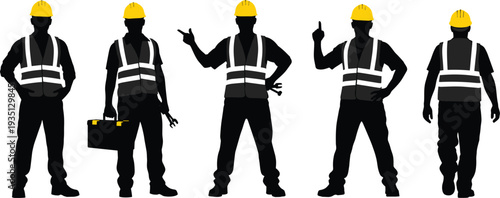 Set of construction worker silhouettes wearing yellow hard hats and safety vests holding toolboxes and equipment isolated on white background.