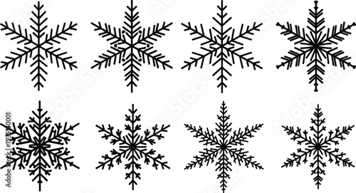 Set of Eight Unique Black Snowflake Silhouettes in Different Geometric Designs for Winter Christmas Holiday Decor and Seasonal Vector PatternsSet of Eight Unique Black Snowflake Silhouettes 