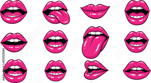 Pink lips silhouette illustration, expressive mouth artwork design, tongue pose graphic, glossy fashion symbol drawing, pop art style artwork, emotive lip design