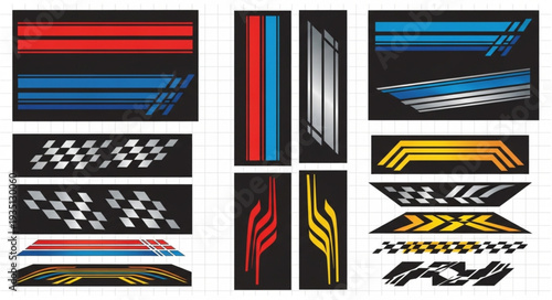 Collection of car decals and stickers with various designs and patterns for customization.