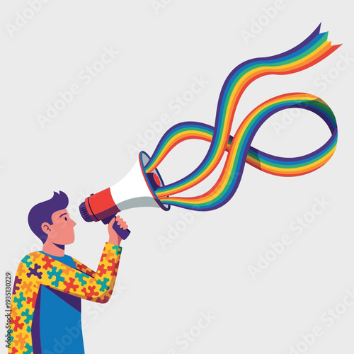 Man holding megaphone with rainbow ribbon speech bubble