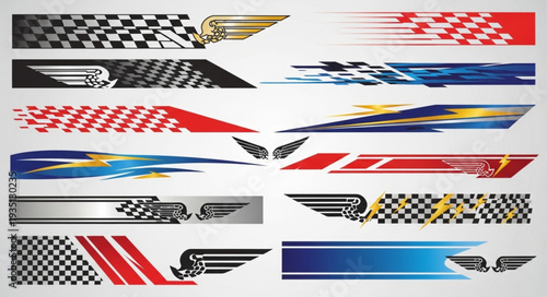 Collection of dynamic racing car decals with various designs and patterns.