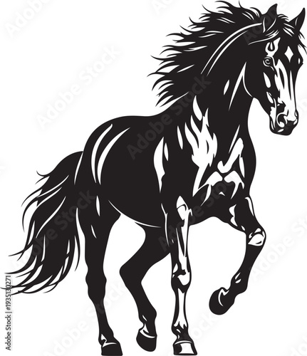 A silhouette of a horse is depicted in a dynamic stance against a white background, with swirling lines adding a decorative touch. The horse's powerful form is accentuated by the contrast