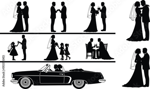 Set of wedding silhouettes with bride groom and vintage car isolated on white background for marriage ceremony and romantic celebration.