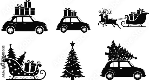 Christmas transport silhouette set with Santa sleigh, reindeer, gift loaded car and decorated tree isolated on white background for festive holiday design