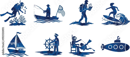 Collection of blue watercolor icons depicting nautical and outdoor activities perfect for travel and adventure themes