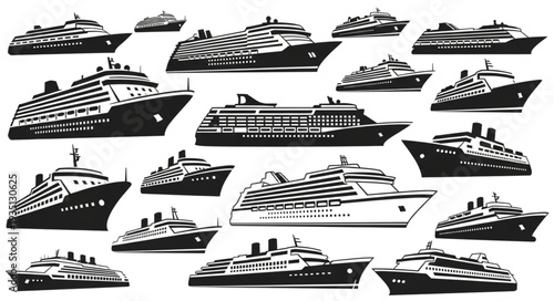 Collection of various cruise ships in black and white, perfect for travel and tourism.