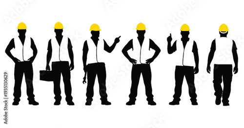 Silhouette of construction workers in safety gear and yellow hard hats standing in various poses isolated on a white background.