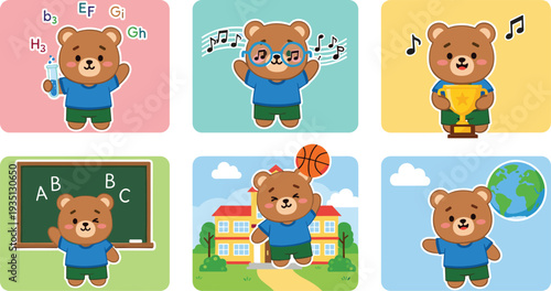 Cute teddy bear characters doing school activities including science experiment, music, sports, education and geography learning cartoon vector illustration set for kids