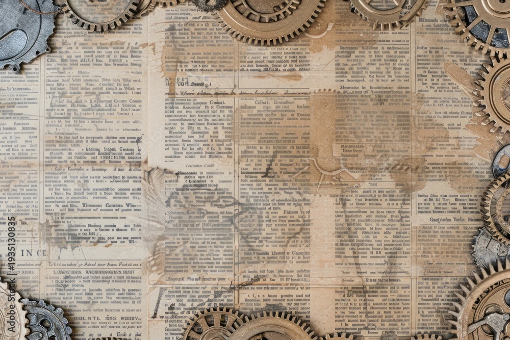 Naklejka premium Gears cogs ephemera border newspaper text backgrounds.